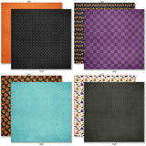 Chills and Thrills 6x6 Double-Sided Paper Pack, 6x6 double-sided paper pack paper patterns 17 through 24 preview, showing 6x6 scrapbook paper for handmade cards, mini albums, junk journals, paper layering, small-scale layouts, and coordinated paper crafts. Buyer theme: Halloween Card Making & Mini Album 6x6 Paper Pack. 6x6 Double-Sided Halloween Paper Pack with 20 sheets and 39 scaled-down coordinating designs for cards, mini albums and smaller paper projects