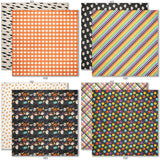 Chills and Thrills Monthly Box Add-On - 6x6 Double-Sided Paper Pack. fourth pattern group with dots, bats, plaid, candy corn, stripes and jack-o-lanterns.
