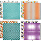 Chills and Thrills Bundle, bundle paper patterns 9 through 16 preview, showing complete coordinated paper craft set with 12x12 papers, 6x6 papers, cardstock, die cuts, and stickers for layouts, cards, albums, journals, and keepsakes. Buyer theme: Complete Halloween Scrapbook & Paper Craft Bundle. Complete Halloween scrapbook bundle combining 12x12 paper and stickers, 6x6 paper, printed cardstock, die cuts and coordinating stickers. Designed for junk journals, planner decorating, paper crafting