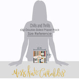 Chills and Thrills Bundle, standing size guide image, showing complete coordinated paper craft set with 12x12 papers, 6x6 papers, cardstock, die cuts, and stickers for layouts, cards, albums, journals, and keepsakes. Buyer theme: Complete Halloween Scrapbook & Paper Craft Bundle. Complete Halloween scrapbook bundle combining 12x12 paper and stickers, 6x6 paper, printed cardstock, die cuts and coordinating stickers. Coordinating patterns include bat repeat, pumpkin repeat, polka dots