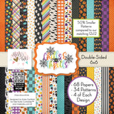Chills and Thrills 6x6 Double-Sided Paper Pack, high resolution cover image, showing 6x6 scrapbook paper for handmade cards, mini albums, junk journals, paper layering, small-scale layouts, and coordinated paper crafts. Buyer theme: Halloween Card Making & Mini Album 6x6 Paper Pack. 6x6 Double-Sided Halloween Paper Pack with 20 sheets and 39 scaled-down coordinating designs for cards, mini albums and smaller paper projects. Color palette includes witch purple, haunted aqua, monster lime green