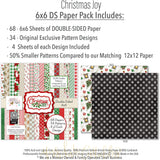 Christmas Joy 6x6 Double-Sided Paper Pack, 6x6 paper pack cover and includes preview, showing 6x6 scrapbook paper for handmade cards, mini albums, junk journals, paper layering, small-scale layouts, and coordinated paper crafts. Buyer theme: Christmas 6x6 Scrapbook Paper for Cards & Mini Albums. Christmas Joy 6x6 Double-Sided Paper Pack with scaled plaids, stripes, holly, poinsettias, Santa, reindeer, stockings, snowflakes and Christmas patterns for cards and mini albums