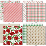 Christmas Joy 6x6 Double-Sided Paper Pack, 6x6 double-sided paper pack paper patterns 25 through 32 preview, showing 6x6 scrapbook paper for handmade cards, mini albums, junk journals, paper layering, small-scale layouts, and coordinated paper crafts. Buyer theme: Christmas 6x6 Scrapbook Paper for Cards & Mini Albums. Christmas Joy 6x6 Double-Sided Paper Pack with scaled plaids, stripes, holly, poinsettias, Santa, reindeer, stockings, snowflakes and Christmas patterns for cards and mini albums