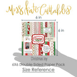 Christmas Joy 6x6 Double-Sided Paper Pack, size guide shown in hand for scale, showing 6x6 scrapbook paper for handmade cards, mini albums, junk journals, paper layering, small-scale layouts, and coordinated paper crafts. Buyer theme: Christmas 6x6 Scrapbook Paper for Cards & Mini Albums. Christmas Joy 6x6 Double-Sided Paper Pack with scaled plaids, stripes, holly, poinsettias, Santa, reindeer, stockings, snowflakes and Christmas patterns for cards and mini albums