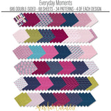 Everyday Moments 6x6 Double-Sided Paper Pack, papers spread out image, showing 6x6 scrapbook paper for handmade cards, mini albums, junk journals, paper layering, small-scale layouts, and coordinated paper crafts. Buyer theme: Floral 6x6 Paper for Cards & Mini Albums. Everyday Moments 6x6 Double-Sided Paper Pack with scaled florals, dots, plaids, stripes and quilt-inspired patterns for cards and mini albums. Designed for Card making, Mini albums, Junk journals