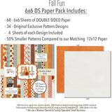 Fall Fun 6x6 Double-Sided Paper Pack, 6x6 paper pack cover and includes preview, showing 6x6 scrapbook paper for handmade cards, mini albums, junk journals, paper layering, small-scale layouts, and coordinated paper crafts. Buyer theme: Fall 6x6 Paper for Cards, Mini Albums & Journals. Fall Fun 6x6 Double-Sided Paper Pack with scaled plaids, gingham, dots, stripes, pumpkins, leaves and florals for cards and mini albums. Designed for Junk journals, Gratitude journals, Seasonal paper crafting