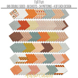 Fall Fun 6x6 Double-Sided Paper Pack, papers spread out image, showing 6x6 scrapbook paper for handmade cards, mini albums, junk journals, paper layering, small-scale layouts, and coordinated paper crafts. Buyer theme: Fall 6x6 Paper for Cards, Mini Albums & Journals. Fall Fun 6x6 Double-Sided Paper Pack with scaled plaids, gingham, dots, stripes, pumpkins, leaves and florals for cards and mini albums. Designed for Mini albums, Junk journals, Gratitude journals