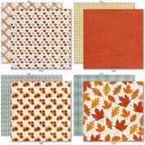 Fall Fun 6x6 Double-Sided Paper Pack, 6x6 double-sided paper pack paper patterns 25 through 32 preview, showing 6x6 scrapbook paper for handmade cards, mini albums, junk journals, paper layering, small-scale layouts, and coordinated paper crafts. Buyer theme: Fall 6x6 Paper for Cards, Mini Albums & Journals. Fall Fun 6x6 Double-Sided Paper Pack with scaled plaids, gingham, dots, stripes, pumpkins, leaves and florals for cards and mini albums