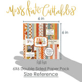 Fall Fun 6x6 Double-Sided Paper Pack, size guide shown in hand for scale, showing 6x6 scrapbook paper for handmade cards, mini albums, junk journals, paper layering, small-scale layouts, and coordinated paper crafts. Buyer theme: Fall 6x6 Paper for Cards, Mini Albums & Journals. Fall Fun 6x6 Double-Sided Paper Pack with scaled plaids, gingham, dots, stripes, pumpkins, leaves and florals for cards and mini albums. Designed for Thanksgiving memory pages, Autumn card making, Mini albums