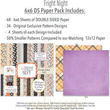 Fright Night 6x6 Double-Sided Paper Pack, 6x6 paper pack cover and includes preview, showing 6x6 scrapbook paper for handmade cards, mini albums, junk journals, paper layering, small-scale layouts, and coordinated paper crafts. Buyer theme: Cute Halloween 6x6 Paper for Cards & Mini Albums. Fright Night 6x6 double-sided scrapbook paper with scaled cute Halloween patterns for cards, mini albums and journals