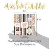 Fright Night 6x6 Double-Sided Paper Pack, size guide shown in hand for scale, showing 6x6 scrapbook paper for handmade cards, mini albums, junk journals, paper layering, small-scale layouts, and coordinated paper crafts. Buyer theme: Cute Halloween 6x6 Paper for Cards & Mini Albums. Fright Night 6x6 double-sided scrapbook paper with scaled cute Halloween patterns for cards, mini albums and journals