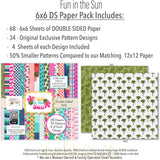 Fun in the Sun 6x6 Double-Sided Paper Pack, 6x6 paper pack cover and includes preview, showing 6x6 scrapbook paper for handmade cards, mini albums, junk journals, paper layering, small-scale layouts, and coordinated paper crafts. Buyer theme: Tropical 6x6 Scrapbook Paper for Cards & Mini Albums. Fun in the Sun 6x6 Double-Sided Paper Pack with scaled tropical florals, palms, wildlife, checks, dots, waves and beach patterns for cards and mini albums