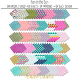 Fun in the Sun 6x6 Double-Sided Paper Pack, papers spread out image, showing 6x6 scrapbook paper for handmade cards, mini albums, junk journals, paper layering, small-scale layouts, and coordinated paper crafts. Buyer theme: Tropical 6x6 Scrapbook Paper for Cards & Mini Albums. Fun in the Sun 6x6 Double-Sided Paper Pack with scaled tropical florals, palms, wildlife, checks, dots, waves and beach patterns for cards and mini albums. Designed for Mini albums, Travel journals, Junk journals