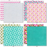 Fun in the Sun 6x6 Double-Sided Paper Pack, 6x6 double-sided paper pack paper patterns 1 through 8 preview, showing 6x6 scrapbook paper for handmade cards, mini albums, junk journals, paper layering, small-scale layouts, and coordinated paper crafts. Buyer theme: Tropical 6x6 Scrapbook Paper for Cards & Mini Albums. Fun in the Sun 6x6 Double-Sided Paper Pack with scaled tropical florals, palms, wildlife, checks, dots, waves and beach patterns for cards and mini albums
