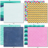 Fun in the Sun 6x6 Double-Sided Paper Pack, 6x6 double-sided paper pack paper patterns 9 through 16 preview, showing 6x6 scrapbook paper for handmade cards, mini albums, junk journals, paper layering, small-scale layouts, and coordinated paper crafts. Buyer theme: Tropical 6x6 Scrapbook Paper for Cards & Mini Albums. Fun in the Sun 6x6 Double-Sided Paper Pack with scaled tropical florals, palms, wildlife, checks, dots, waves and beach patterns for cards and mini albums