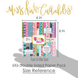 Fun in the Sun 6x6 Double-Sided Paper Pack, size guide shown in hand for scale, showing 6x6 scrapbook paper for handmade cards, mini albums, junk journals, paper layering, small-scale layouts, and coordinated paper crafts. Buyer theme: Tropical 6x6 Scrapbook Paper for Cards & Mini Albums. Fun in the Sun 6x6 Double-Sided Paper Pack with scaled tropical florals, palms, wildlife, checks, dots, waves and beach patterns for cards and mini albums