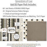 Generations of Love 6x6 Double-Sided Paper Pack, 6x6 paper pack cover and includes preview, showing 6x6 scrapbook paper for handmade cards, mini albums, junk journals, paper layering, small-scale layouts, and coordinated paper crafts. Buyer theme: Heritage 6x6 Paper for Cards & Mini Albums. Generations of Love 6x6 Double-Sided Paper Pack with scaled vintage florals, birds, butterflies, family typography, dots, stripes and lattice patterns. Designed for Card making, Mini albums, Junk journals