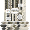 Generations of Love Monthly Subscription Box - Premium + 6x6. coordinating paper sheets displayed across the image to show the full pattern assortment and neutral color palette. coordinating scrapbook bundle with 12x12 paper, 6x6 paper, cardstock, die cuts, and stickers. featuring vintage labels and postage-style squares, charcoal polka dots, olive green. for journals.