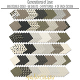 Generations of Love Monthly Subscription Box - Premium + 6x6. coordinating paper sheets displayed across the image to show the full pattern assortment and neutral color palette. coordinating scrapbook bundle with 12x12 paper, 6x6 paper, cardstock, die cuts, and stickers. featuring cream and black floral bouquets, cream floral paper, ivory. for family scrapbook layouts.