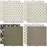 Generations of Love Monthly Subscription Box - Premium + 6x6. first group of paper designs featuring cream florals, black label frames, olive lattice, butterflies, lace, birds, dots, and family word art. coordinating scrapbook bundle with 12x12 paper, 6x6 paper, cardstock, die cuts, and stickers. featuring family title word art, neutral family word collage, antique gold. for card making.