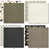 Generations of Love Monthly Subscription Box - Premium + 6x6. third group of paper designs featuring black diamond lattice, floral family tiles, neutral stripes, botanical borders, family words, black dots, olive florals, and bird branches. coordinating scrapbook bundle with 12x12 paper, 6x6 paper, cardstock, die cuts, and stickers. featuring cream and black butterflies, olive lattice pattern, olive green. for genealogy pages.