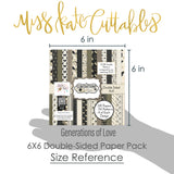 Generations of Love Monthly Box Add-On - 6x6 Double-Sided Paper Pack. product shown for scale to demonstrate relative size and proportions. coordinating scrapbook bundle with 12x12 paper, 6x6 paper, cardstock, die cuts, and stickers. featuring scalloped and lace border strips, cream and black pinstripes, antique gold. for mini albums.