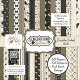 Generations of Love 6x6 Double-Sided Paper Pack, high resolution cover image, showing 6x6 scrapbook paper for handmade cards, mini albums, junk journals, paper layering, small-scale layouts, and coordinated paper crafts. Buyer theme: Heritage 6x6 Paper for Cards & Mini Albums. Generations of Love 6x6 Double-Sided Paper Pack with scaled vintage florals, birds, butterflies, family typography, dots, stripes and lattice patterns