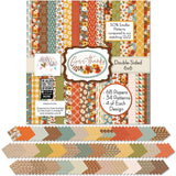 Give Thanks 6x6 Double-Sided Paper Pack, 6x6 cover and paper spread out image, showing 6x6 scrapbook paper for handmade cards, mini albums, junk journals, paper layering, small-scale layouts, and coordinated paper crafts. Buyer theme: Thanksgiving 6x6 Paper for Cards & Mini Albums. Give Thanks 6x6 double-sided scrapbook paper with scaled Thanksgiving patterns for cards, mini albums and journals