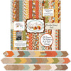 Give Thanks Bundle, 6x6 cover and paper spread out image, showing complete coordinated paper craft set with 12x12 papers, 6x6 papers, cardstock, die cuts, and stickers for layouts, cards, albums, journals, and keepsakes. Buyer theme: Complete Thanksgiving Scrapbook Bundle. Give Thanks complete Thanksgiving scrapbook bundle with 12x12 paper, 6x6 paper, coordinating cardstock, die cuts and stickers