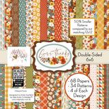 Give Thanks 6x6 Double-Sided Paper Pack, high resolution cover image, showing 6x6 scrapbook paper for handmade cards, mini albums, junk journals, paper layering, small-scale layouts, and coordinated paper crafts. Buyer theme: Thanksgiving 6x6 Paper for Cards & Mini Albums. Give Thanks 6x6 double-sided scrapbook paper with scaled Thanksgiving patterns for cards, mini albums and journals