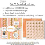 Groovy 6x6 Double-Sided Paper Pack, 6x6 paper pack cover and includes preview, showing 6x6 scrapbook paper for handmade cards, mini albums, junk journals, paper layering, small-scale layouts, and coordinated paper crafts. Buyer theme: Retro Summer 6x6 Scrapbook Paper for Cards & Mini Albums. Groovy 6x6 Double-Sided Paper Pack with scaled daisies, checkerboards, gingham, dots, florals and retro summer patterns for cards and mini albums