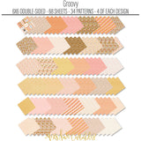 Groovy 6x6 Double-Sided Paper Pack, papers spread out image, showing 6x6 scrapbook paper for handmade cards, mini albums, junk journals, paper layering, small-scale layouts, and coordinated paper crafts. Buyer theme: Retro Summer 6x6 Scrapbook Paper for Cards & Mini Albums. Groovy 6x6 Double-Sided Paper Pack with scaled daisies, checkerboards, gingham, dots, florals and retro summer patterns for cards and mini albums. Designed for Mini albums, Junk journals, Sunny day memory keeping