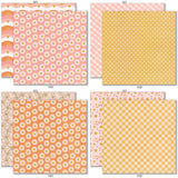 Groovy 6x6 Double-Sided Paper Pack, 6x6 double-sided paper pack paper patterns 9 through 16 preview, showing 6x6 scrapbook paper for handmade cards, mini albums, junk journals, paper layering, small-scale layouts, and coordinated paper crafts. Buyer theme: Retro Summer 6x6 Scrapbook Paper for Cards & Mini Albums. Groovy 6x6 Double-Sided Paper Pack with scaled daisies, checkerboards, gingham, dots, florals and retro summer patterns for cards and mini albums