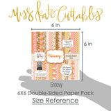 Groovy 6x6 Double-Sided Paper Pack, size guide shown in hand for scale, showing 6x6 scrapbook paper for handmade cards, mini albums, junk journals, paper layering, small-scale layouts, and coordinated paper crafts. Buyer theme: Retro Summer 6x6 Scrapbook Paper for Cards & Mini Albums. Groovy 6x6 Double-Sided Paper Pack with scaled daisies, checkerboards, gingham, dots, florals and retro summer patterns for cards and mini albums. Designed for Sunny summer memory pages, Card making, Mini albums