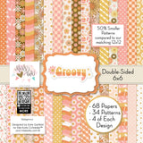 Groovy 6x6 Double-Sided Paper Pack, high resolution cover image, showing 6x6 scrapbook paper for handmade cards, mini albums, junk journals, paper layering, small-scale layouts, and coordinated paper crafts. Buyer theme: Retro Summer 6x6 Scrapbook Paper for Cards & Mini Albums. Groovy 6x6 Double-Sided Paper Pack with scaled daisies, checkerboards, gingham, dots, florals and retro summer patterns for cards and mini albums