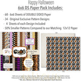 Happy Halloween 6x6 Double-Sided Paper Pack, 6x6 paper pack cover and includes preview, showing 6x6 scrapbook paper for handmade cards, mini albums, junk journals, paper layering, small-scale layouts, and coordinated paper crafts. Buyer theme: Vintage Halloween 6x6 Paper for Card Making. Happy Halloween 6x6 double-sided scrapbook paper with scaled vintage Halloween patterns for cards, mini albums and journals