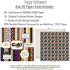 Happy Halloween Bundle, 6x6 paper pack cover and includes preview, showing complete coordinated paper craft set with 12x12 papers, 6x6 papers, cardstock, die cuts, and stickers for layouts, cards, albums, journals, and keepsakes. Buyer theme: Complete Vintage Halloween Scrapbook Bundle. Happy Halloween complete scrapbook bundle with 12x12 paper, 6x6 paper, coordinating cardstock, stickers and die cuts