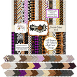 Happy Halloween Bundle, 6x6 cover and paper spread out image, showing complete coordinated paper craft set with 12x12 papers, 6x6 papers, cardstock, die cuts, and stickers for layouts, cards, albums, journals, and keepsakes. Buyer theme: Complete Vintage Halloween Scrapbook Bundle. Happy Halloween complete scrapbook bundle with 12x12 paper, 6x6 paper, coordinating cardstock, stickers and die cuts