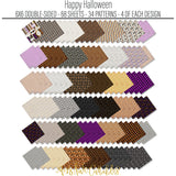 Happy Halloween Bundle, papers spread out image, showing complete coordinated paper craft set with 12x12 papers, 6x6 papers, cardstock, die cuts, and stickers for layouts, cards, albums, journals, and keepsakes. Buyer theme: Complete Vintage Halloween Scrapbook Bundle. Happy Halloween complete scrapbook bundle with 12x12 paper, 6x6 paper, coordinating cardstock, stickers and die cuts