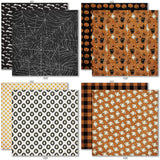 Happy Halloween Bundle, bundle paper patterns 1 through 8 preview, showing complete coordinated paper craft set with 12x12 papers, 6x6 papers, cardstock, die cuts, and stickers for layouts, cards, albums, journals, and keepsakes. Buyer theme: Complete Vintage Halloween Scrapbook Bundle. Happy Halloween complete scrapbook bundle with 12x12 paper, 6x6 paper, coordinating cardstock, stickers and die cuts
