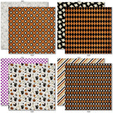 Happy Halloween Bundle, bundle paper patterns 25 through 32 preview, showing complete coordinated paper craft set with 12x12 papers, 6x6 papers, cardstock, die cuts, and stickers for layouts, cards, albums, journals, and keepsakes. Buyer theme: Complete Vintage Halloween Scrapbook Bundle. Happy Halloween complete scrapbook bundle with 12x12 paper, 6x6 paper, coordinating cardstock, stickers and die cuts