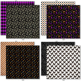 Happy Halloween Bundle, bundle paper patterns 9 through 16 preview, showing complete coordinated paper craft set with 12x12 papers, 6x6 papers, cardstock, die cuts, and stickers for layouts, cards, albums, journals, and keepsakes. Buyer theme: Complete Vintage Halloween Scrapbook Bundle. Happy Halloween complete scrapbook bundle with 12x12 paper, 6x6 paper, coordinating cardstock, stickers and die cuts
