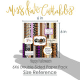 Happy Halloween Bundle, size guide shown in hand for scale, showing complete coordinated paper craft set with 12x12 papers, 6x6 papers, cardstock, die cuts, and stickers for layouts, cards, albums, journals, and keepsakes. Buyer theme: Complete Vintage Halloween Scrapbook Bundle. Happy Halloween complete scrapbook bundle with 12x12 paper, 6x6 paper, coordinating cardstock, stickers and die cuts
