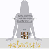 Happy Halloween Bundle, standing size guide image, showing complete coordinated paper craft set with 12x12 papers, 6x6 papers, cardstock, die cuts, and stickers for layouts, cards, albums, journals, and keepsakes. Buyer theme: Complete Vintage Halloween Scrapbook Bundle. Happy Halloween complete scrapbook bundle with 12x12 paper, 6x6 paper, coordinating cardstock, stickers and die cuts