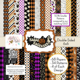Happy Halloween Bundle, high resolution cover image, showing complete coordinated paper craft set with 12x12 papers, 6x6 papers, cardstock, die cuts, and stickers for layouts, cards, albums, journals, and keepsakes. Buyer theme: Complete Vintage Halloween Scrapbook Bundle. Happy Halloween complete scrapbook bundle with 12x12 paper, 6x6 paper, coordinating cardstock, stickers and die cuts