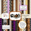 Happy Halloween Bundle, high resolution cover image, showing complete coordinated paper craft set with 12x12 papers, 6x6 papers, cardstock, die cuts, and stickers for layouts, cards, albums, journals, and keepsakes. Buyer theme: Complete Vintage Halloween Scrapbook Bundle. Happy Halloween complete scrapbook bundle with 12x12 paper, 6x6 paper, coordinating cardstock, stickers and die cuts