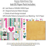 Happy Valentines Day 6x6 Double-Sided Paper Pack, 6x6 paper pack cover and includes preview, showing 6x6 scrapbook paper for handmade cards, mini albums, junk journals, paper layering, small-scale layouts, and coordinated paper crafts. Buyer theme: Valentine 6x6 Paper for Cards & Mini Albums. Happy Valentines Day 6x6 double-sided scrapbook paper with scaled heart, floral, plaid, grid and love-note designs