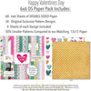 Happy Valentines Day 6x6 Double-Sided Paper Pack, 6x6 paper pack cover and includes preview, showing 6x6 scrapbook paper for handmade cards, mini albums, junk journals, paper layering, small-scale layouts, and coordinated paper crafts. Buyer theme: Valentine 6x6 Paper for Cards & Mini Albums. Happy Valentines Day 6x6 double-sided scrapbook paper with scaled heart, floral, plaid, grid and love-note designs