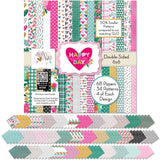 Happy Valentines Day 6x6 Double-Sided Paper Pack, 6x6 cover and paper spread out image, showing 6x6 scrapbook paper for handmade cards, mini albums, junk journals, paper layering, small-scale layouts, and coordinated paper crafts. Buyer theme: Valentine 6x6 Paper for Cards & Mini Albums. Happy Valentines Day 6x6 double-sided scrapbook paper with scaled heart, floral, plaid, grid and love-note designs