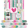 Happy Valentines Day 6x6 Double-Sided Paper Pack, 6x6 cover and paper spread out image, showing 6x6 scrapbook paper for handmade cards, mini albums, junk journals, paper layering, small-scale layouts, and coordinated paper crafts. Buyer theme: Valentine 6x6 Paper for Cards & Mini Albums. Happy Valentines Day 6x6 double-sided scrapbook paper with scaled heart, floral, plaid, grid and love-note designs
